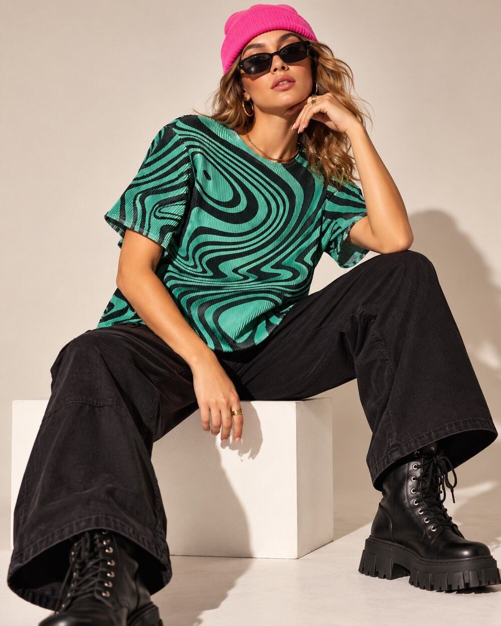 Burnt Toast Neptune Swirl Plisse Pleated Top Green Black Psychedelic XS/S